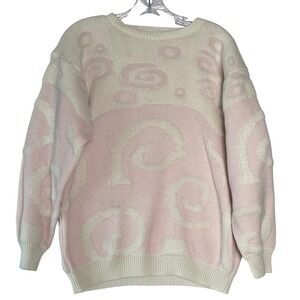 VTG‎ Best World Swirl Knit Sweater Pink Cream Abstract 80s 90s Textured 1X Korea